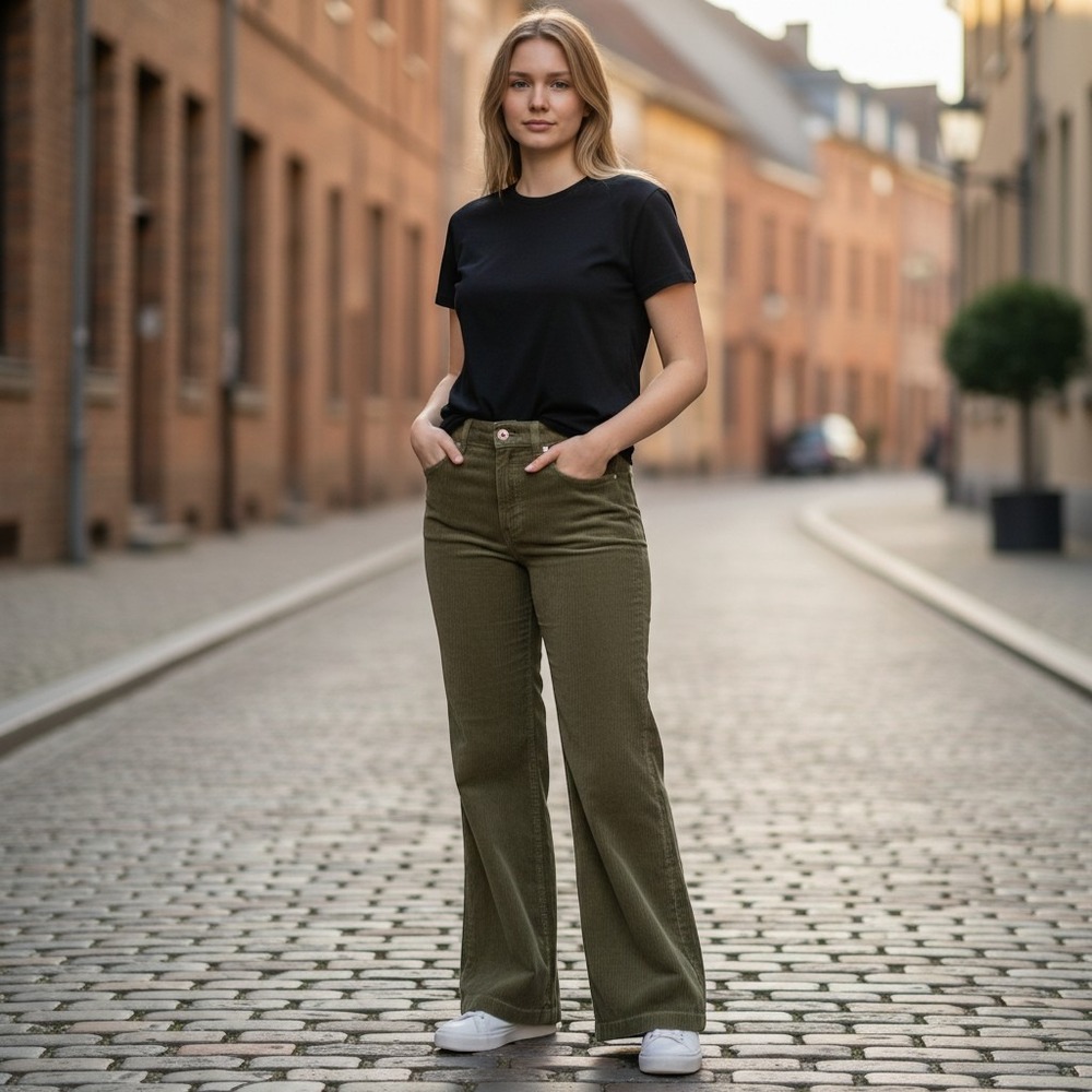 RVCA Coco Corduroy Pants Dark Olive Green Wide Leg High Waist AVJNP00267 Size 24